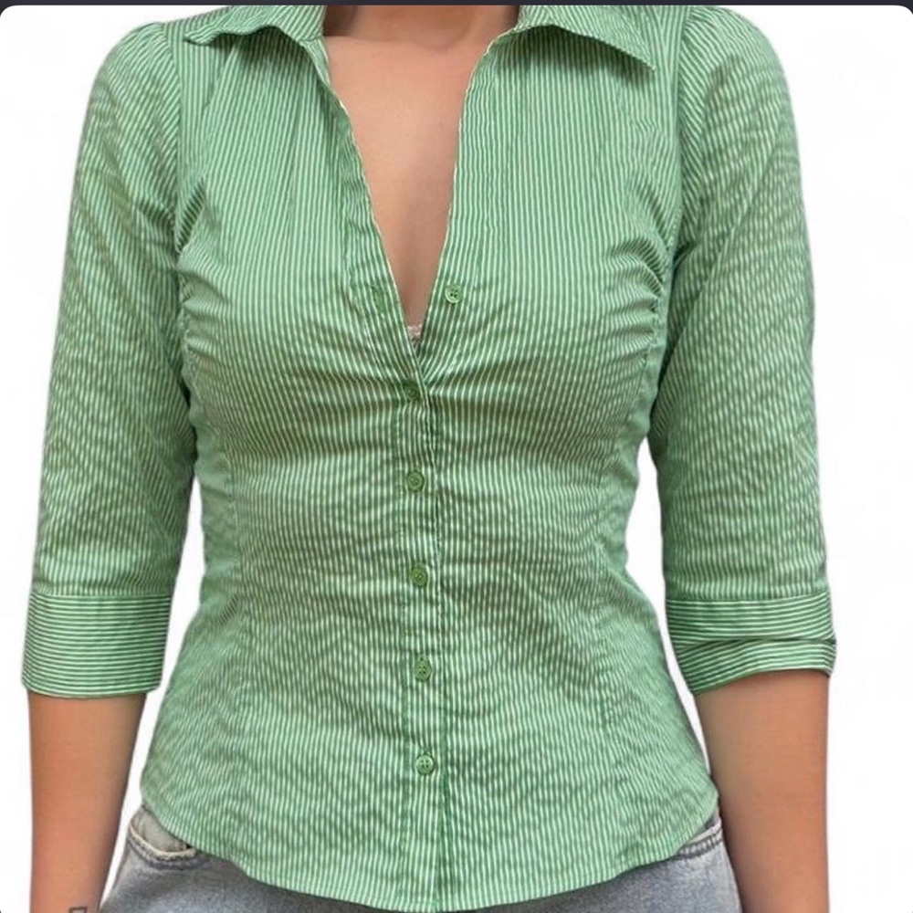 H&M Green Pinstripe Button Down Shirt